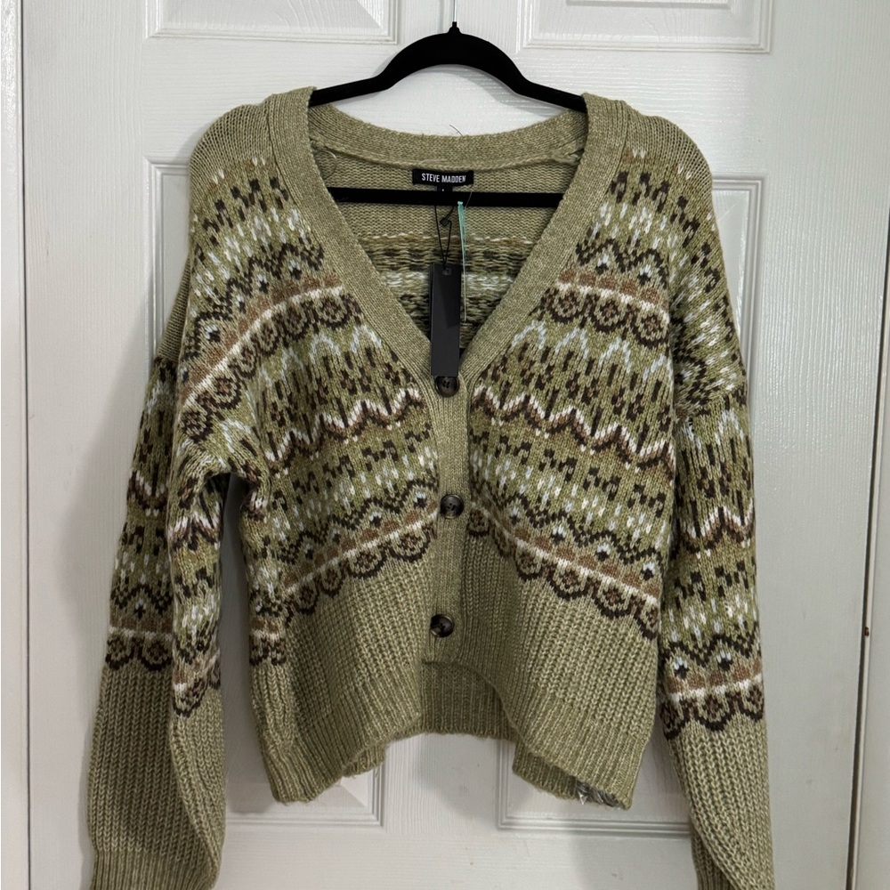 Steve Madden Green and Brown Fair Isle Cardigan Sweater